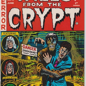 May include: Comic book cover for "Tales from the Crypt" featuring a horror scene with a zombie and a man in a suit. The cover is red with the title in large white letters. Includes "The Crypt-Keeper", "The Old Witch", and "The Vault-Keeper".