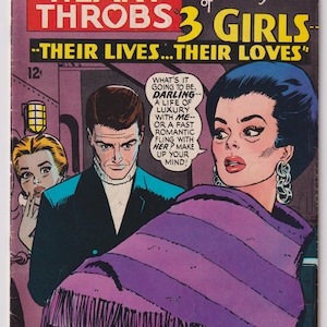 May include: Vintage comic book cover titled "Heart Throbs 3 Girls." The cover features illustrations of three people, including a woman in a purple shawl, and the text "Their Lives...Their Loves." The comic is from November, No. 104.