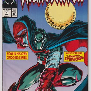 May include: Nightwatch comic book cover featuring a costumed superhero in a dynamic pose. The character is predominantly green, red, and black, with a full moon in the background. The text includes "Nightwatch" and "Guest-starring The Amazing Spider-Man."