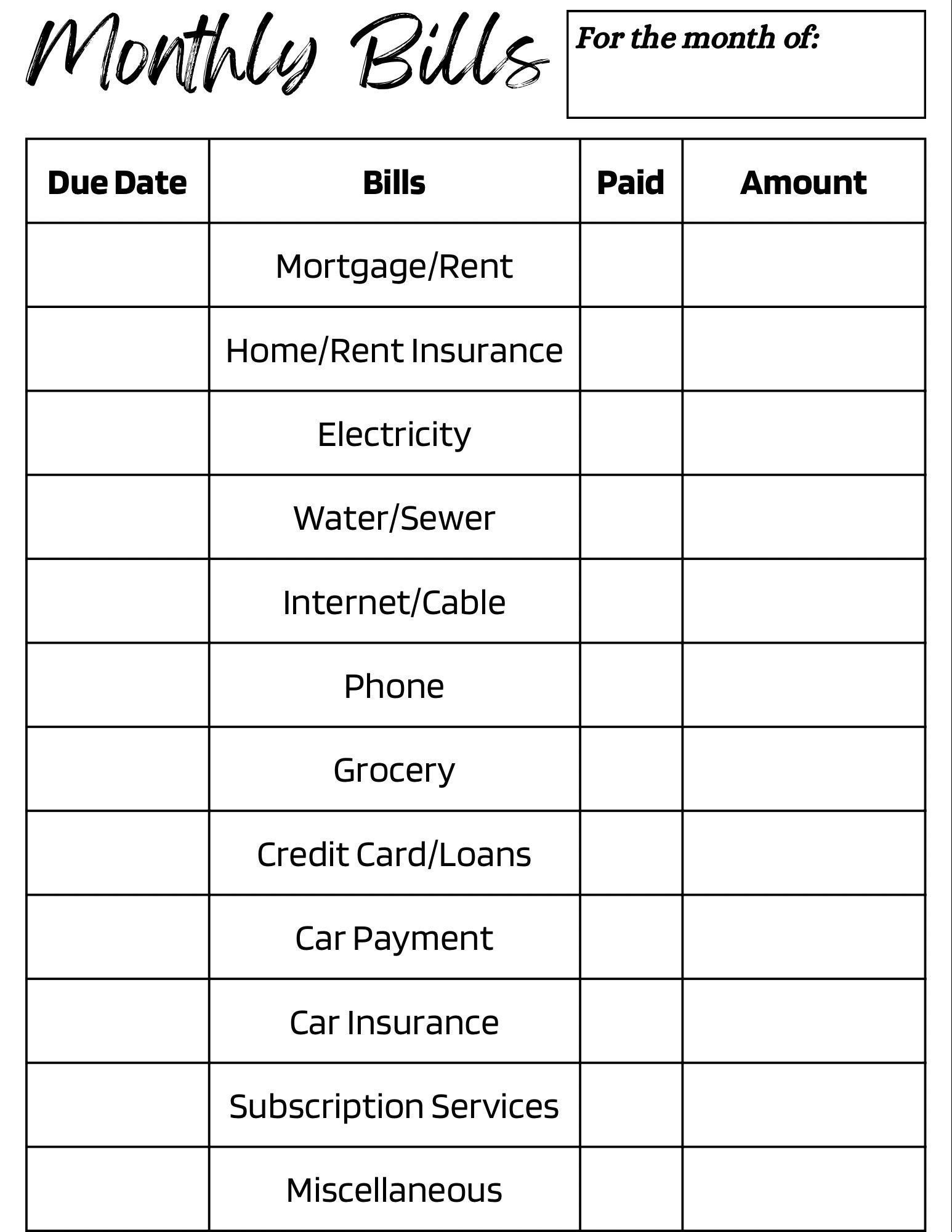 Monthly Bills Template Etsy