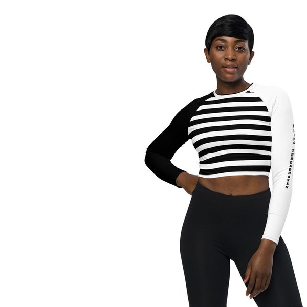 Long-Sleeve Crop Top Black and White Stripes Trendy Modern Crop Top Fashion Women Gift Idea Summer Apparel Black and White Crop Top