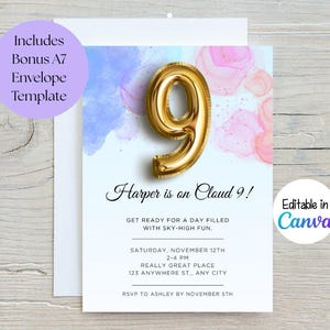 Cloud 9 9th Birthday Party Invitation | Watercolor Invite | Digital Invitation Template