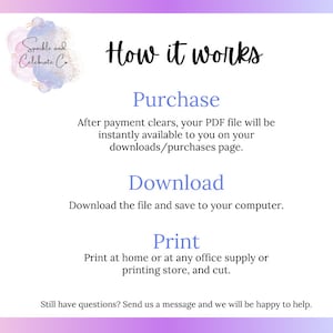 May include: A white graphic with the text "How it works" and instructions for purchasing, downloading, and printing a PDF file. The graphic includes a watercolor design in the upper left corner and a gradient background.