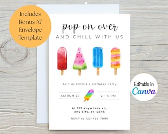 Puede incluir: Tarjeta de invitación blanca con ilustraciones de paletas de acuarela. El texto dice "pop on over and chill with us" y "Join us Emmie's Birthday Party". Incluye una plantilla de sobre A7 de bonificación. Editable en Canva.