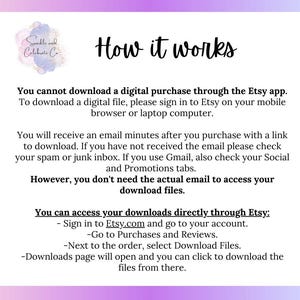 May include: A pink and white graphic with the text "How it works" and instructions for downloading digital purchases from Etsy. The text explains how to access downloads via Etsy.com and the importance of checking spam folders.
