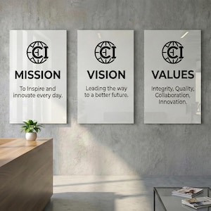 May include: Three white rectangular signs with black text and a logo are mounted on a grey wall. The signs read "MISSION", "VISION", and "VALUES". The mission statement is "To Inspire and innovate every day."