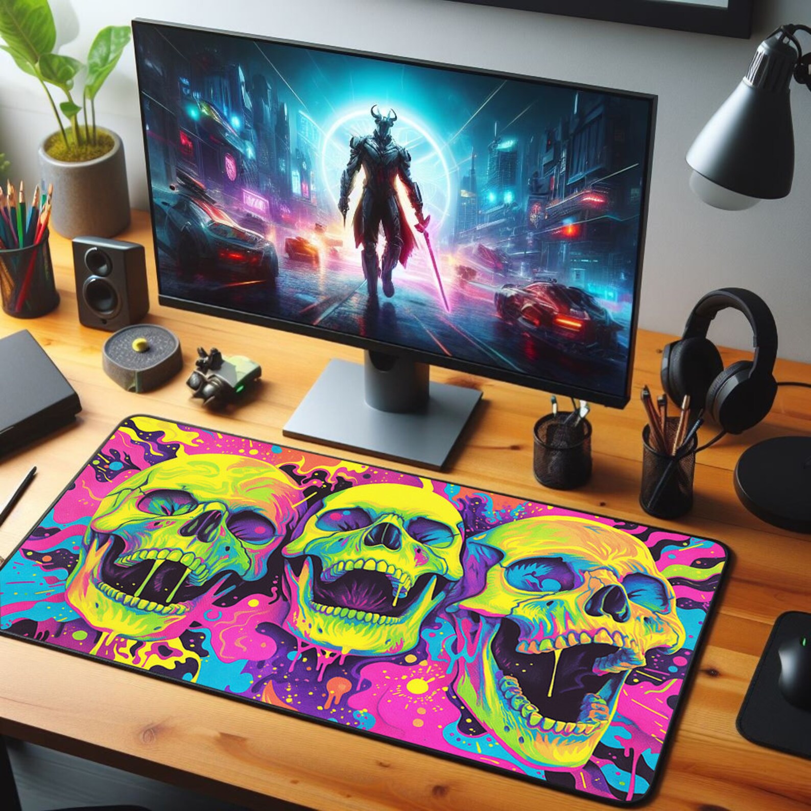 Neon Skulls Desk Mat, Vibrant Psychedelic Skull Led Gaming Mousepad ...
