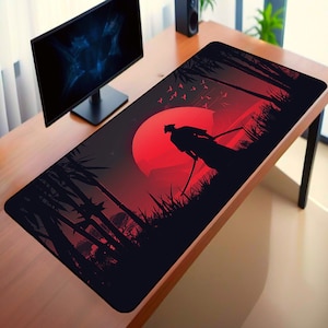 Japanese Art Wall Desk Mat, Mystic Samurai Led Gaming Mouse Pad, XXL Mouse Pad, Samurai and Sunset Dask Mat, Mouse Pad for Office, Home.