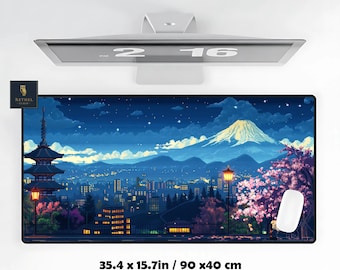 Japanese Cityscape Desk Mat, Hemmed and Led Edges, Cherry Blossom & Mount Fuji