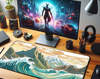Japanese Wave Desk Mat: XXL RGB LED Gaming Mouse Pad