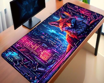 Cyberpunk Fox XXL Gaming Mouse Pad: LED Graffiti Desk Mat