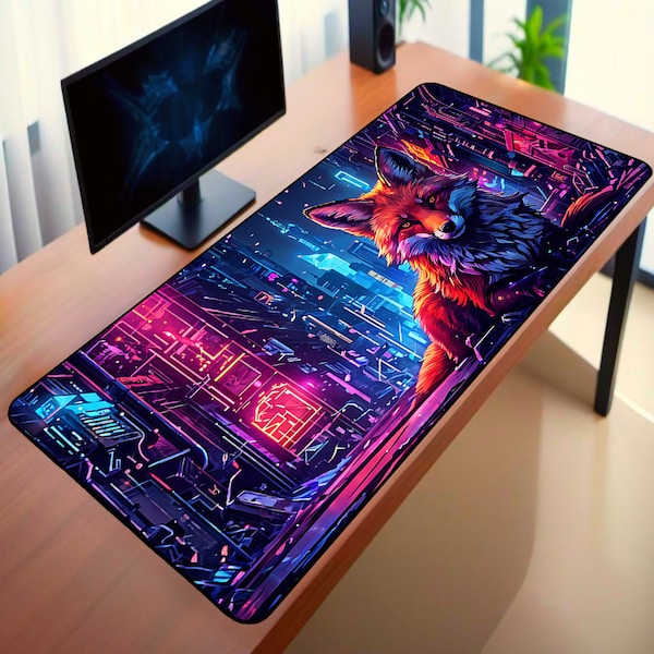 Tapis de souris cyberpunk renard graffiti, XXL, tapis de bureau graffiti, tapis de souris gaming Led, très grand tapis de souris gaming Cyberpunk.