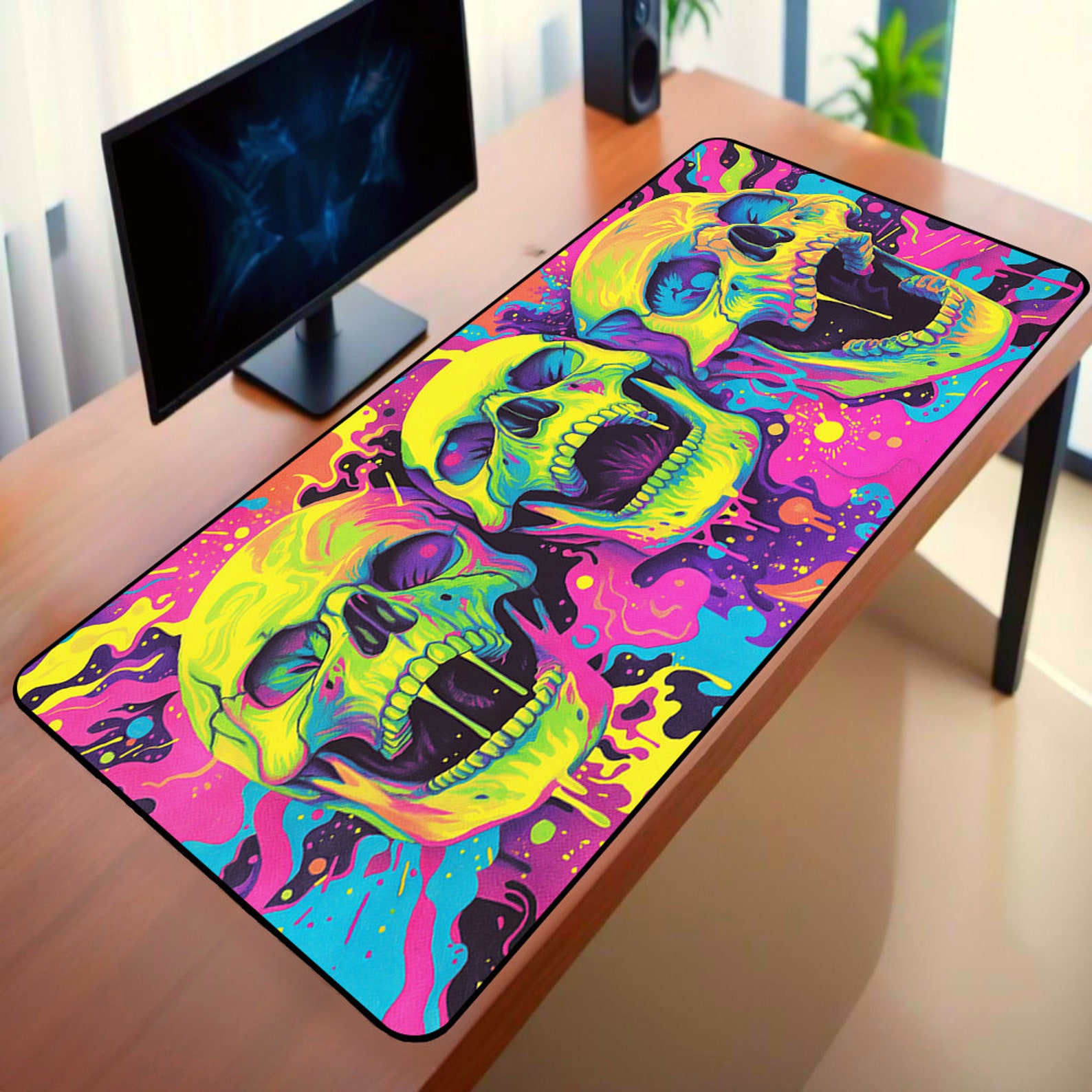 Neon Skulls Desk Mat, Vibrant Psychedelic Skull Led Gaming Mousepad ...