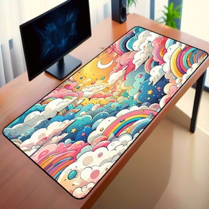 Kawaii Mouse Pad, Pastel Color Desk Mat, Cute Desk Decor, Pink Desk Mat, XXL, Clouds Desk Mat, Led Gaming Mouse Pad, Gaming Desk Mat
