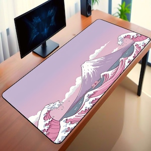 Kawaii Pink Desk Mat, Great Wave Fuji Mouse Pad, Pastel Colors Desk Pad, XXL, Led Gaming MousePad, Japanese Cute Lofi Desk Mat