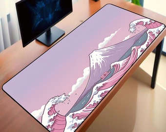 Kawaii Pink Desk Mat, Great Wave Fuji Mouse Pad, Pastel Colors Desk Pad, XXL, Led Gaming MousePad, Japanese Cute Lofi Desk Mat