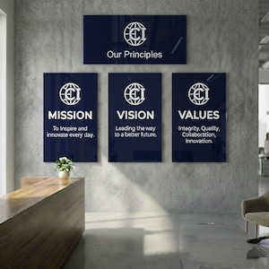 Cuadro Valores Corporativos Vidrio, Placa Visión Personalizada, Letrero Branding Oficina, Identidad Corporativa Vidrio Templado
