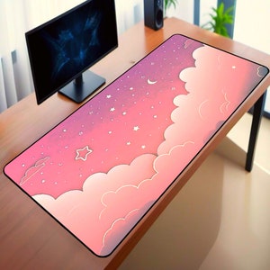 Cute Pink Desk Mat, Pink Sky Mouse Pad, Kawaii LED Gaming Mouse Pad, Pink Minimalist Desk Mat, XXL Pink Clouds Desk Mat,
