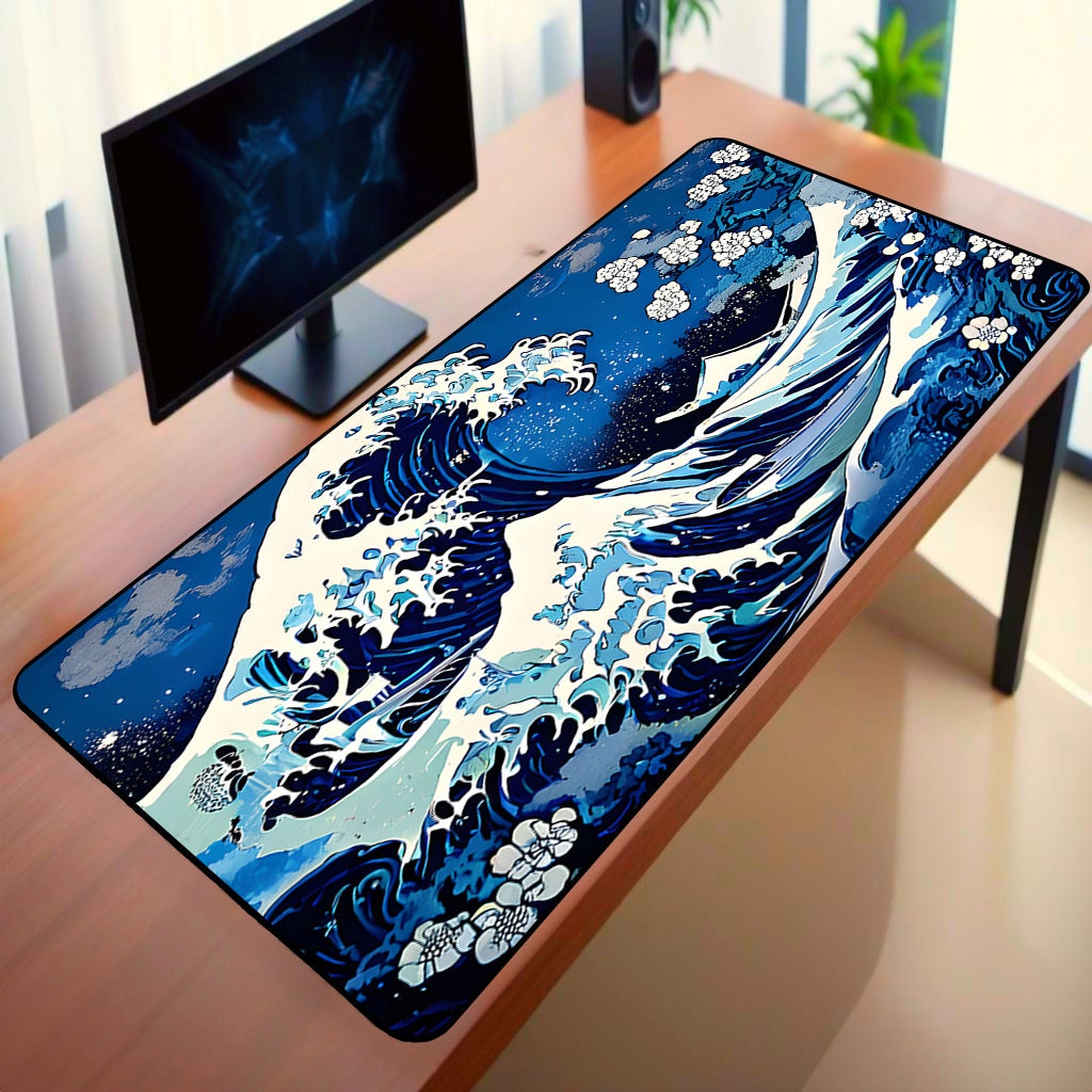 Kanagawa Great Wave Desk Mat, Japanese Great Wave Mouse Pad, Blue Sky and Flowers, Led Gaming Desk Mat, XXL, Wave Mouse Pad, Cute Desk Mat,