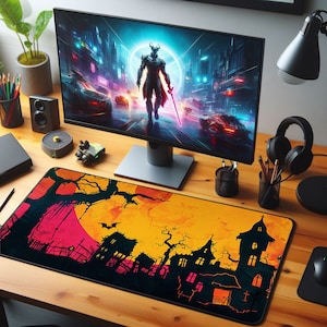 Spooky Haunted House Mousepad with LED or Hemmed Edges, Halloween Led Gaming Desk Mat, Perfect Halloween Gift for Horror Fans.