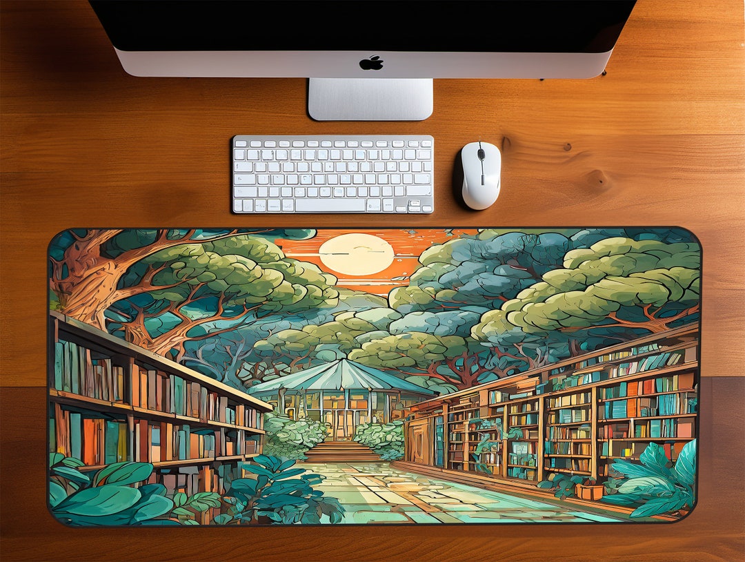 Forest Library Mouse Pad, Book and Tree House Desk Mat, Tree, XXL, Led