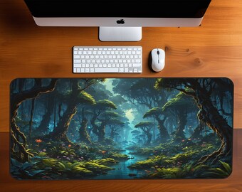 Mystical Avatar Trees, Forest Landscape Desk Mat, Cottagecore Led Gaming Mouse Pad,   Floral Nature Mousepad, Dark Green Landscape