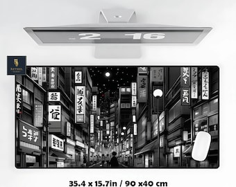 Japanese Street Mouse Pad: Black & White Tokyo Desk Mat with LED