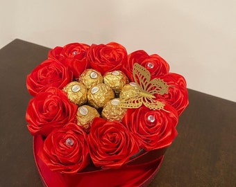 Heart luxury chocolates, gift for her, Ferrero Rocher arrangment, ribbon roses arrangement, proposal gift, I love you gift, Mother’s Day