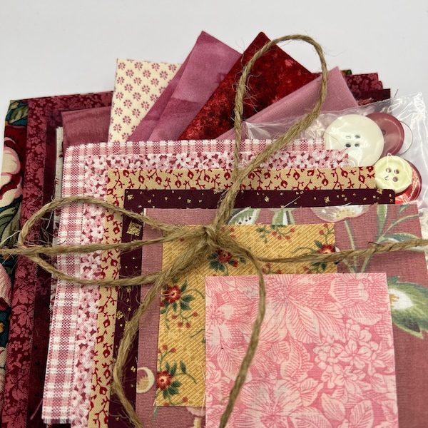Floral Fabric Kit in Neutral, Pink, and Red. For Slow Stitch, Junk Journal, Collage, Art or Crafts
