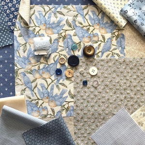 Spring Blue and Beige Fabric For Slow Stitch, Junk Journal, Collage, Art and Crafts. Vintage to Modern Textured Scrap Bundle