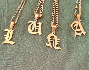 Gold Filled Old English Letter Necklace, personalized old english initial necklace, WATERPROOF Necklace, Personalized Name Necklace, gothic