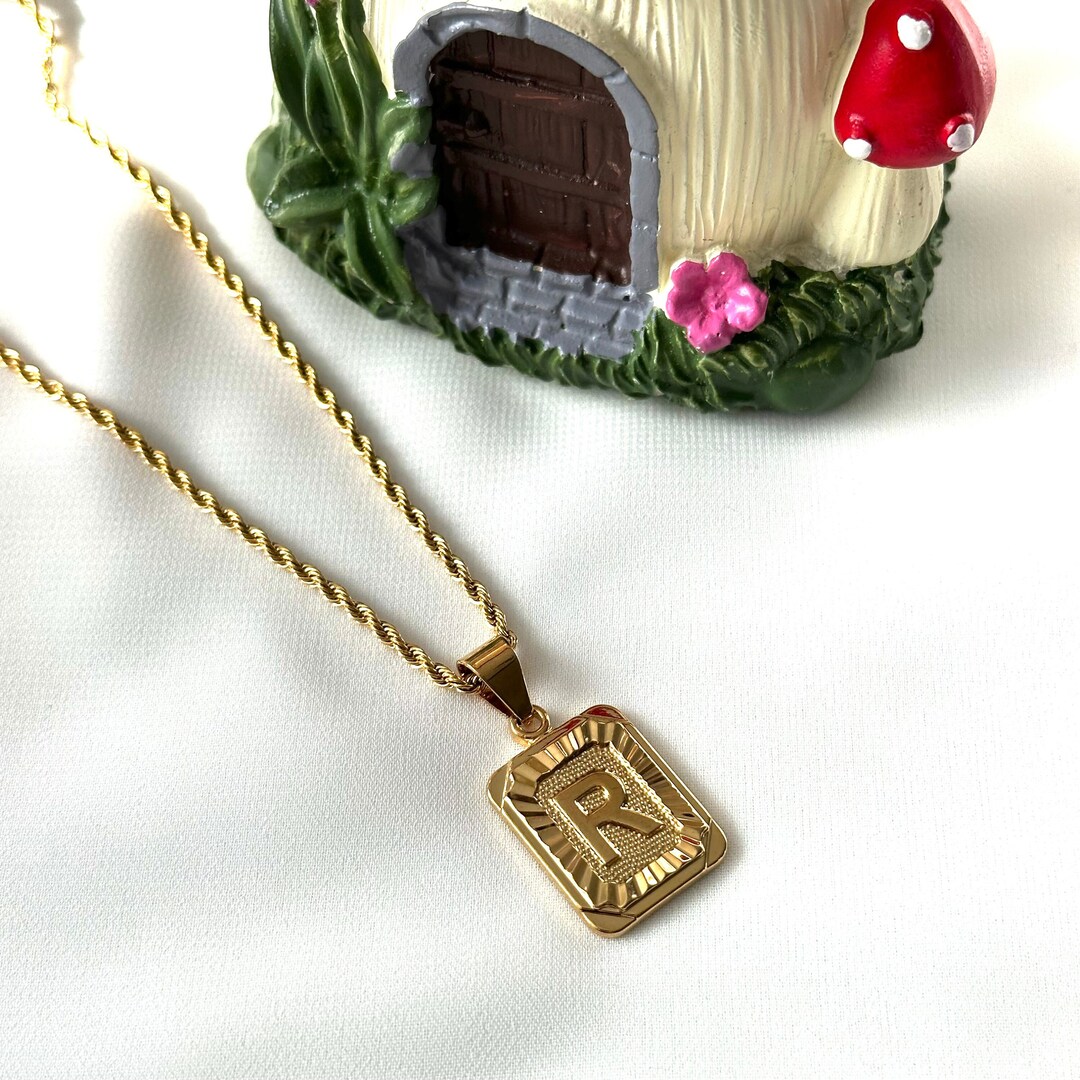 18K GOLD Rectangle Medallion Initial Pendant Necklace , a Unique ...