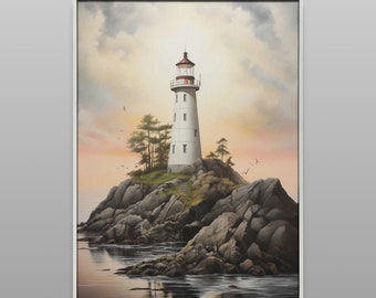 Antique Lighthouse Printable, Seascape Print, Vintage lighthouse Oil painting, Lighthouse wall art, Lighthouse prints, Digital Download