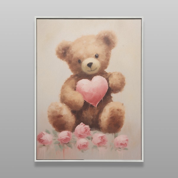 Teddy Bear Valentine Wall Decor, Valentines Wall Art, DOWNLOADABLE ART, Teddy Bear Oil Painting Print, Vintage Toy Oil Artwork Digital Print