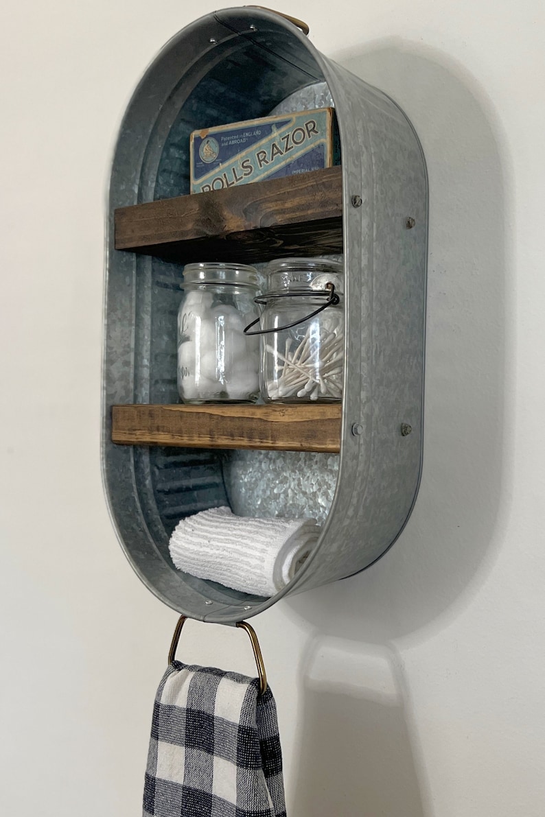 Galvanized Metal Washtub Shelf, Vintage Farmhouse Shelf, Rustic Metal