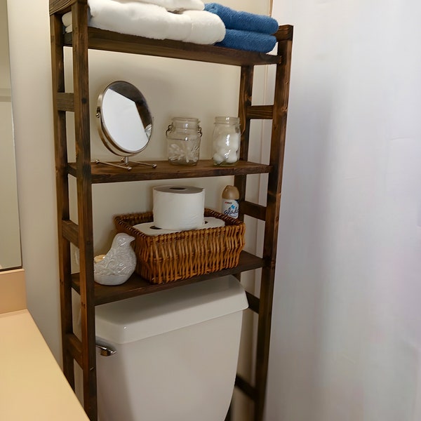 Boven de toiletplank, badkamerorganisatorplank, boven de toiletopslag, houten badkamerplank boven het toilet, toiletplank, toiletplank