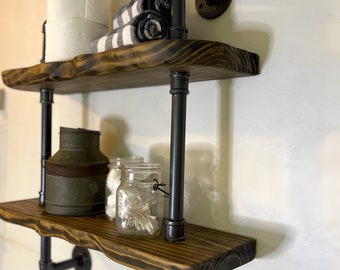 Vintage Farmhouse Bathroom Shelves, Rustic Farmhouse Home Decor, Industrial Wood and Pipe Wall Shelf, Bathroom Organizer