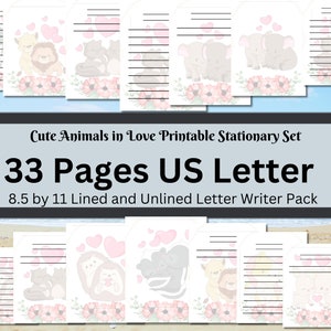 Juego de papelería imprimible con animales lindos enamorados, juego de escritura de cartas imprimible, papel de descarga digital, papelería floral con y sin líneas