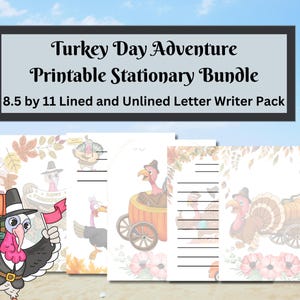 Pacchetto di cancelleria stampabile "Turkey Day Adventure", carta per il Ringraziamento, set di lettere per la scrittura digitale a righe e senza righe per le vacanze autunnali