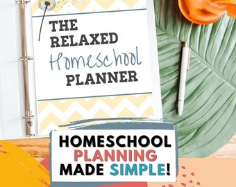 May include: A binder with a yellow and white chevron pattern cover. The cover has the text "THE RELAXED Homeschool PLANNER" in black and gray text. A sticker on the bottom of the binder says "HOMESCHOOL PLANNING MADE SIMPLE!"