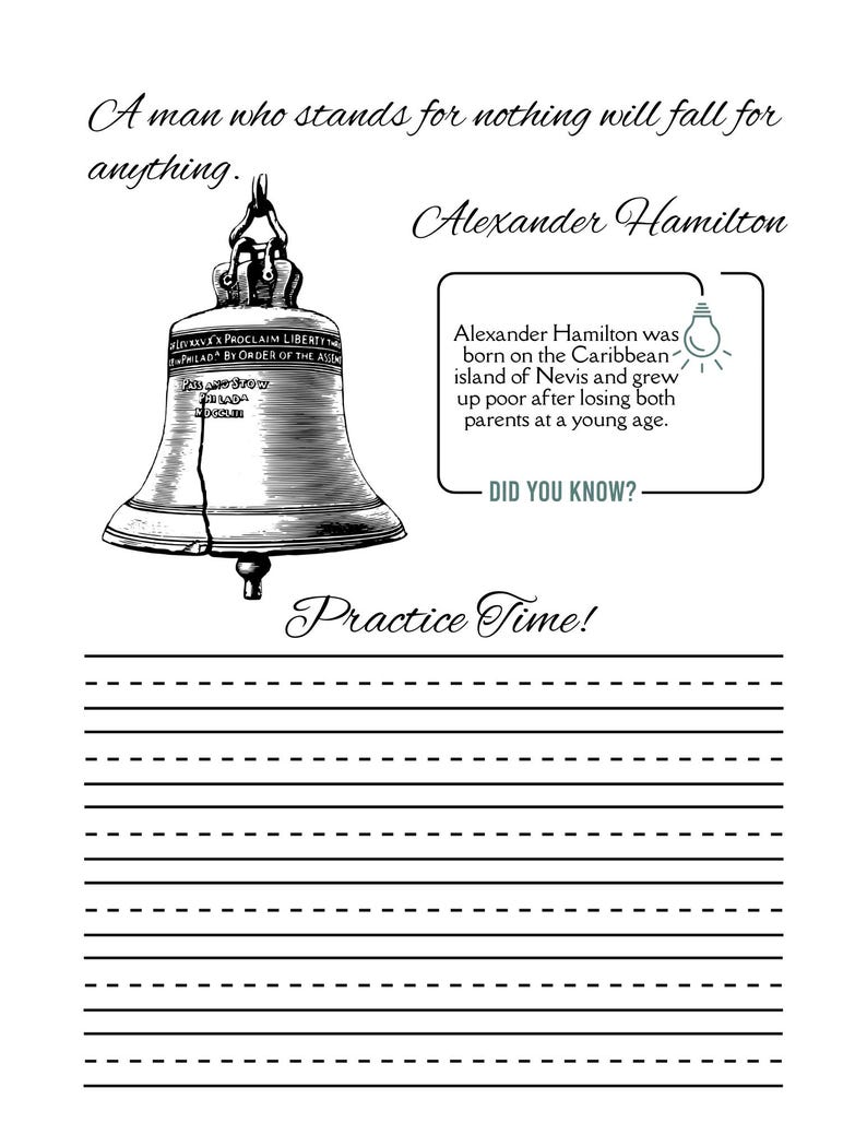 May include: A black and white illustration of the Liberty Bell with text. The text includes a quote by Alexander Hamilton and a brief biography. The bottom of the page has lined paper for practice.