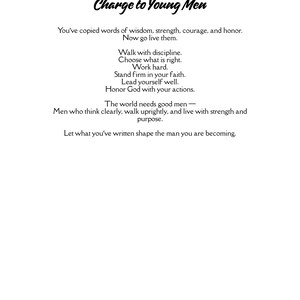 May include: A white background with black text. The title "Charge to Young Men" is at the top. The text includes inspirational quotes about wisdom, strength, courage, and honour, encouraging readers to live by these principles.
