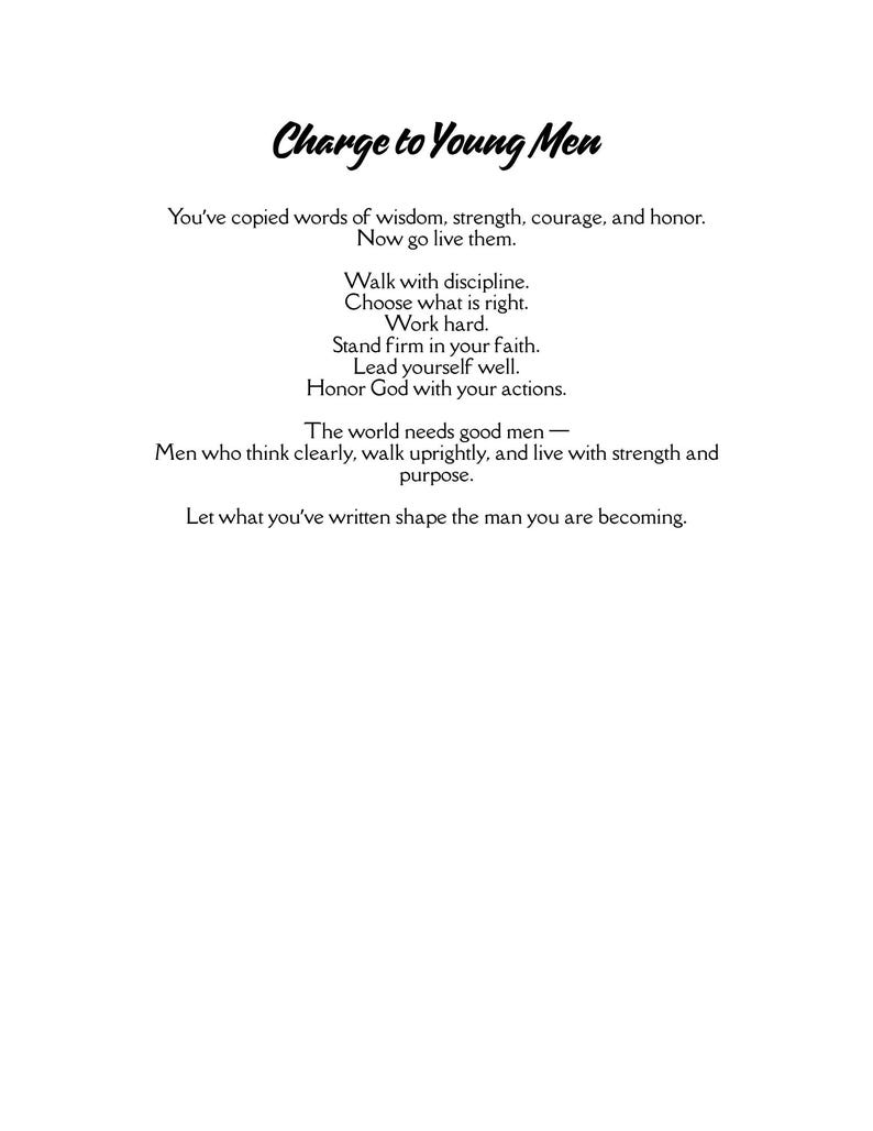 May include: A white background with black text. The title "Charge to Young Men" is at the top. The text includes inspirational quotes about wisdom, strength, courage, and honour, encouraging readers to live by these principles.