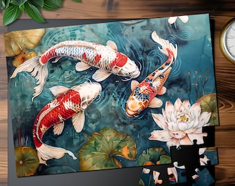 Koi Fish Pond Jigsaw Puzzle: Botanical Art, Family Game Night