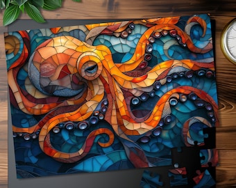 Stained Glass Octopus Jigsaw Puzzle: Abstract Marine Artwork
