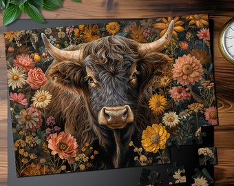 Highland Cow and Flowers Jigsaw Puzzle for Adults Kids 1000+ Pieces, Animal Puzzles for Adults, Nature Puzzle Art Gift for Her Him Couples