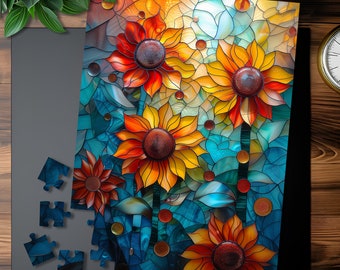 Stained Glass Sunflower Jigsaw Puzzle: Mosaic Art, Relaxing Activity