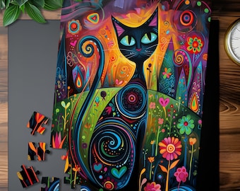 Abstract Cat Jigsaw Puzzle: Whimsical Psychedelic Art for Adults