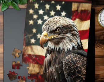American Bald Eagle with Flag, Wild Animal Puzzle, 500 1000 Piece Jigsaw Puzzle for Adults, Wild Animal Forest Nature Bird Lover Gift