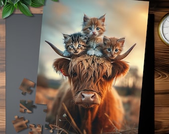 Highland Cow & Kitten Jigsaw Puzzle: Animal Lover Gift
